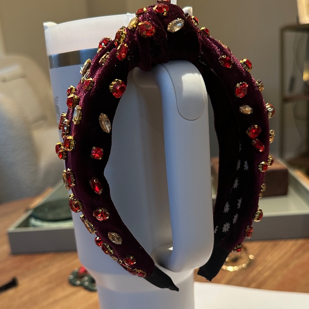 LOFT | Maroon Velvet Headband with Red and Yellow Beads